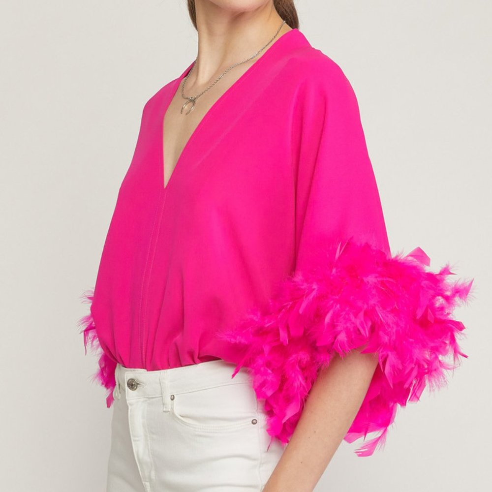 Hot Pink Feather Sleeve Bodysuit - Picture 3 of 7